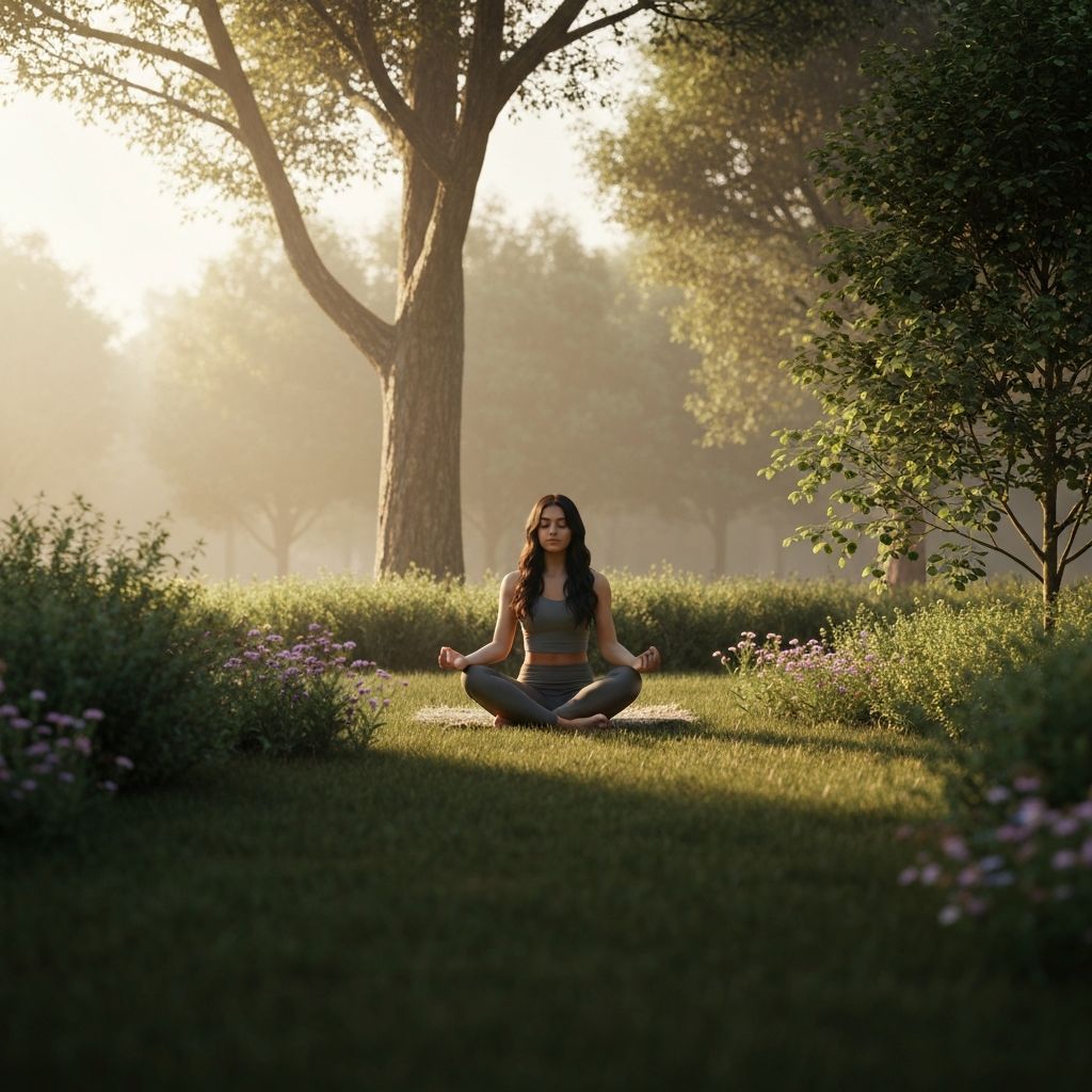 Мирна окружење са особом у медитацији окруженом природом